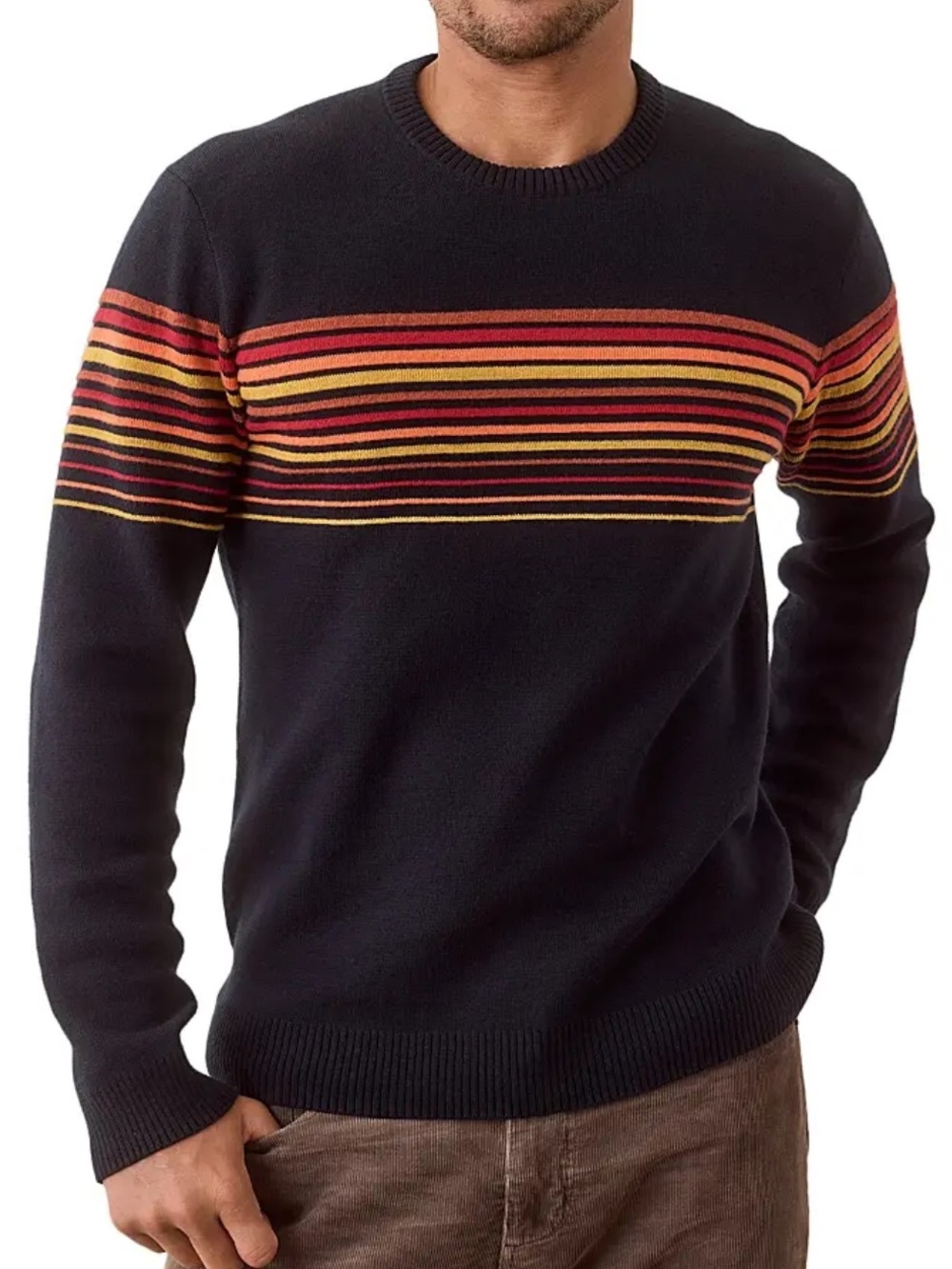 Marine Layer Black Crewneck Sweater with Red and Yellow Stripes